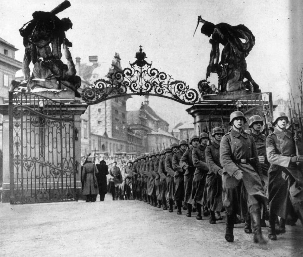 German troops enter Hradschin Castle in Prague during their invasion of Czechoslovakia prior to WW II.