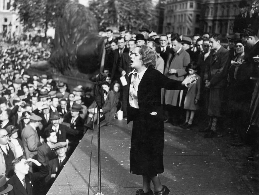 Labour politician Ellen Wilkinson  making a speech at a 'Save Peace' demonstration in Trafalgar Square, London, on the Czech-German crisis, 18th September 1938.