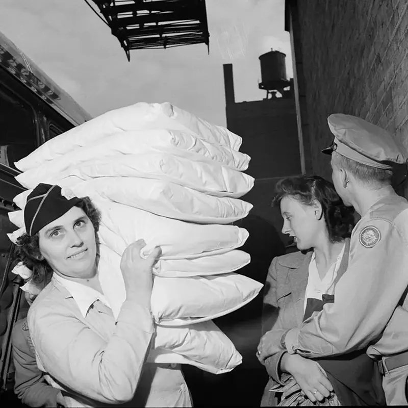 A pillow girl at the Greyhound terminal in Chicago.