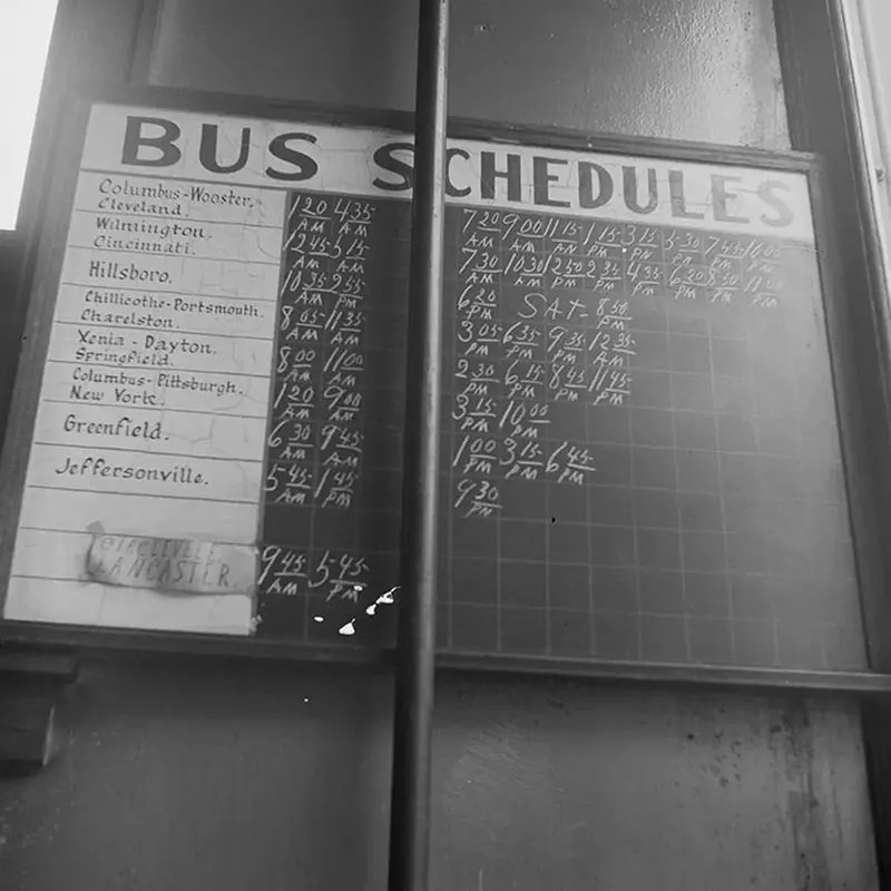 A schedule at a bus depot in Ohio.