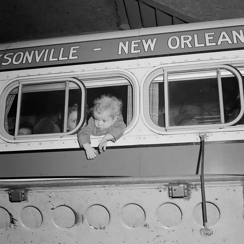 A young passenger on a Tennessee Coach Company bus in Knoxville.