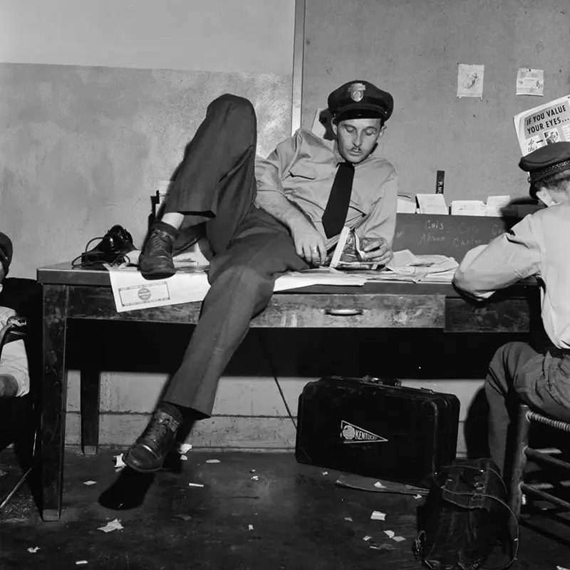 Greyhound drivers kill time between runs at the station in Columbus, Ohio.