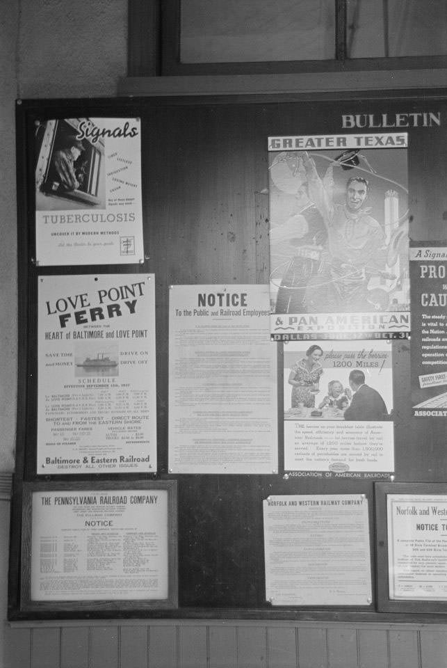 Bulletin in railroad station, Hagerstown, Maryland