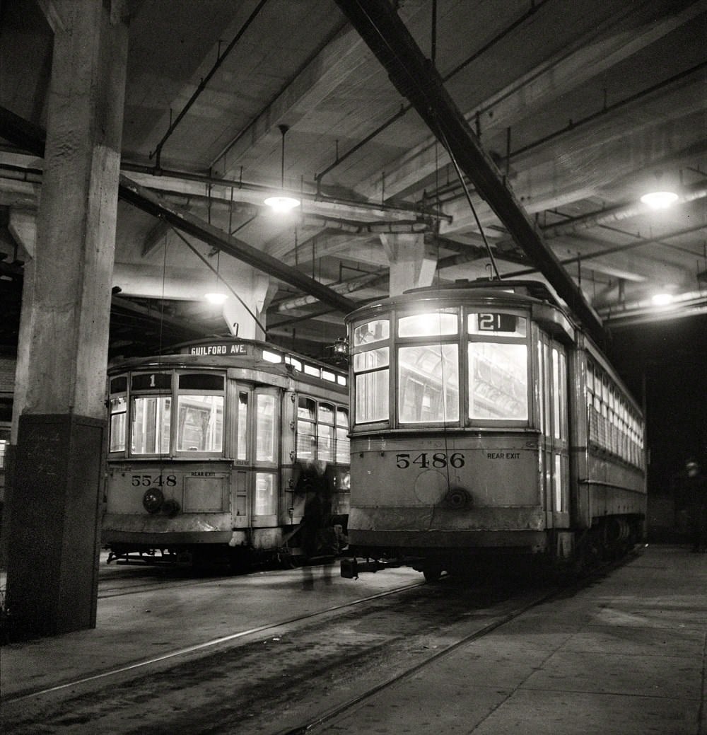 Trolleys inside the Park Terminal at night, Baltimore, April 1943