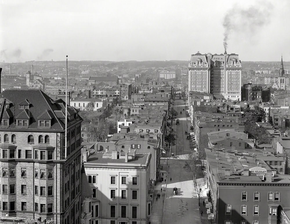 Looking up North Charles Street from Washington Monument, Baltimore, Maryland, circa 1906