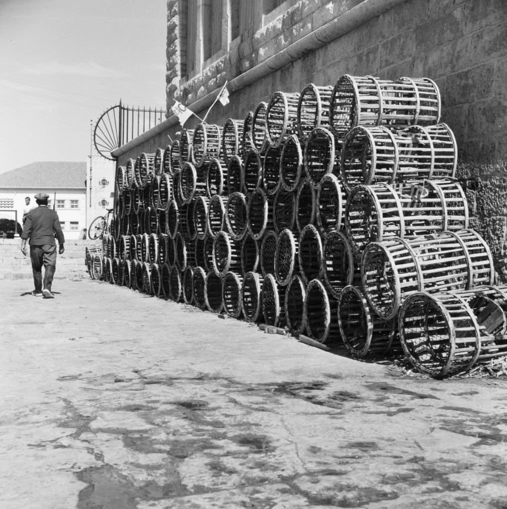 Lobster pots stacked up on the quayside at Cascais, 1957