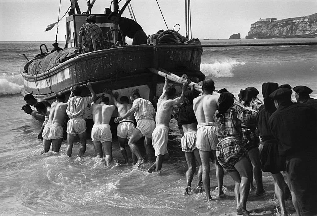 Fishing Boat Set Into Water On The Seashore Near Nazare, 1956