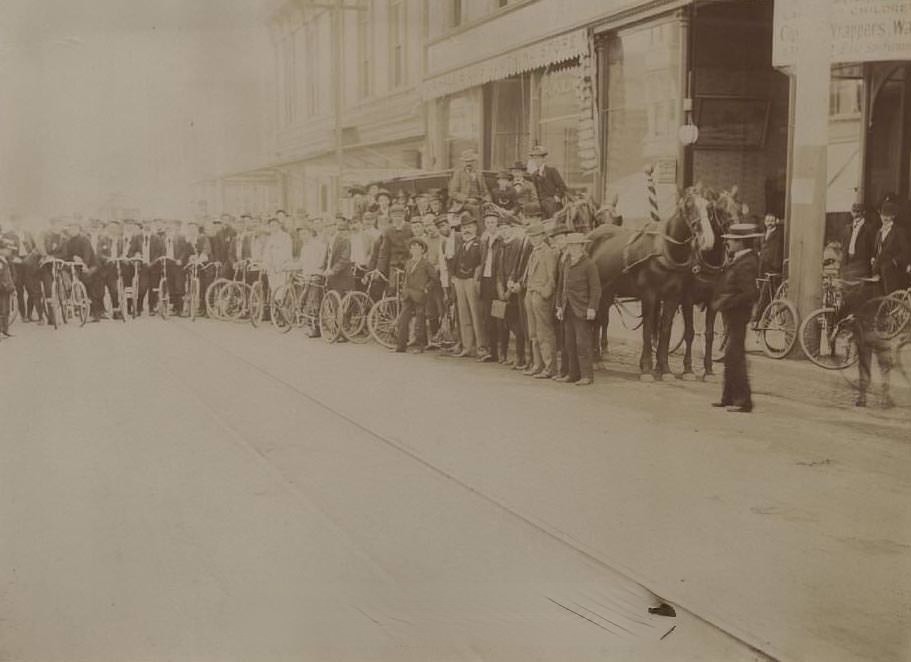 Cyclists Lined up on Paved Street, 1880s