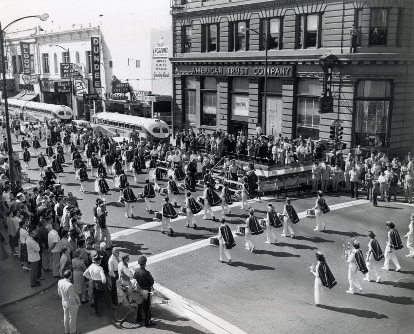 Parade in front of American Trust Company Bank Building, 1959