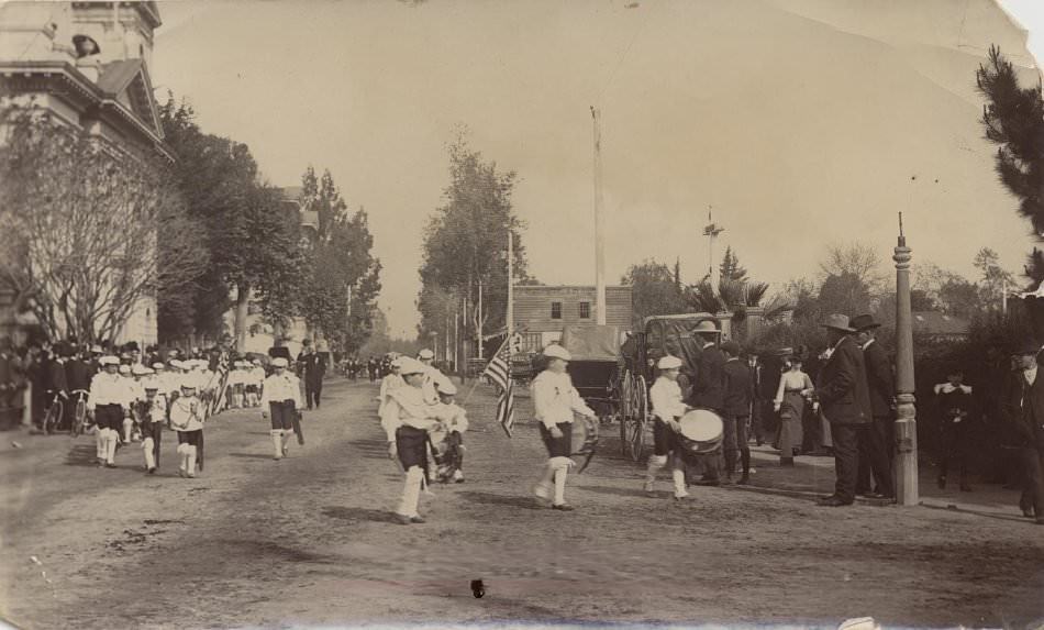 Boys with drums, marching, 1904