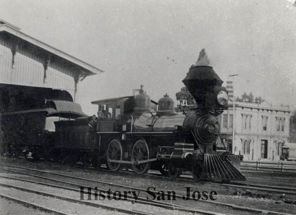 Steam locomotive at Market Street Depot, 1880s