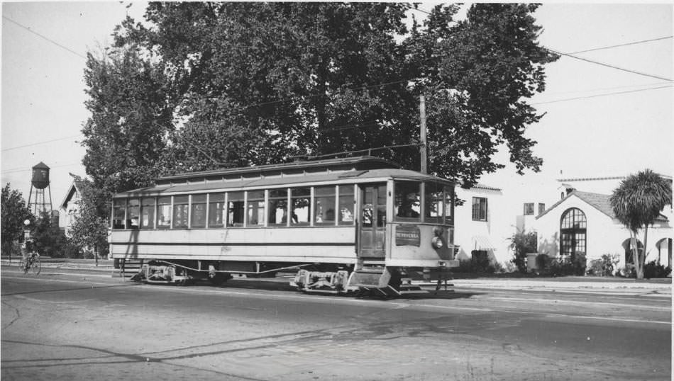 San Jose Railroads Car #75 traveling eastbound on The Alameda near Newhall Street in San Jose, 1937