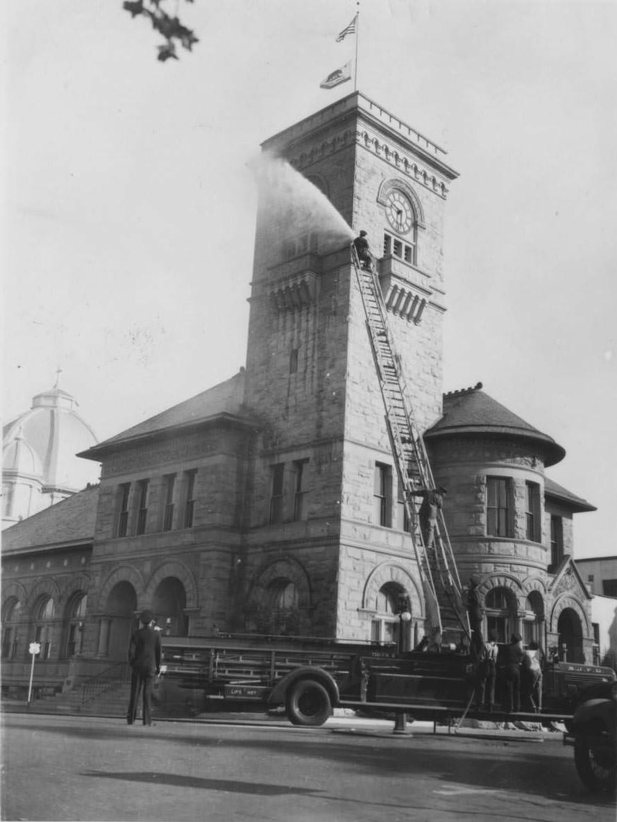 Cleaning the library clock tower, 1944