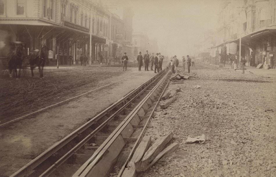 Street railroad track construction, Santa Clara Street, 1887