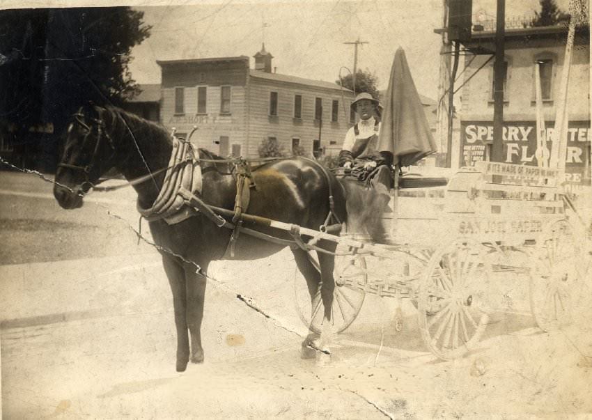 Man with horse drawn cart for San Jose Paper, 1910