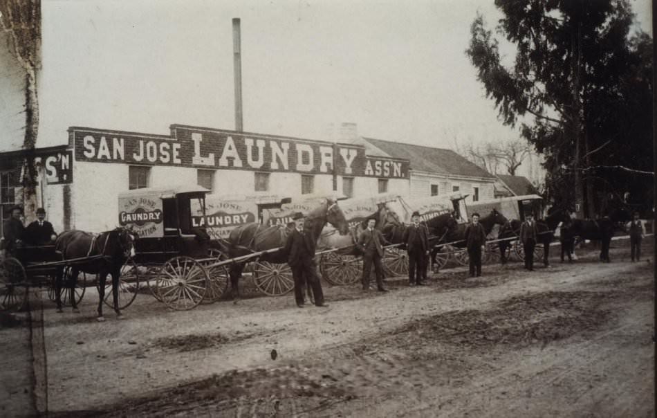 Horse drawn delivery trucks in front of San Jose Laundry Association Works, 1905