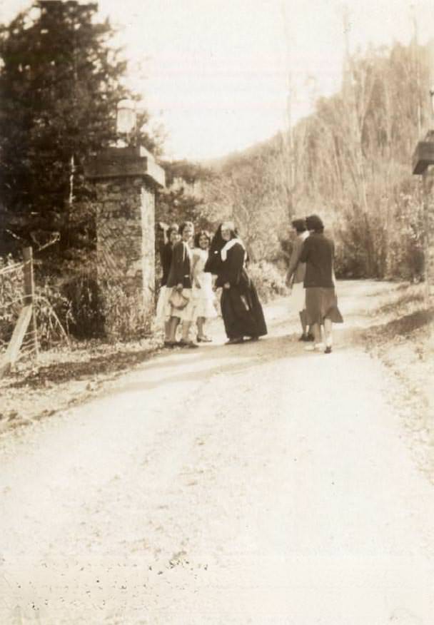 Nun and Students from Notre Dame High School Outdoors, 1932