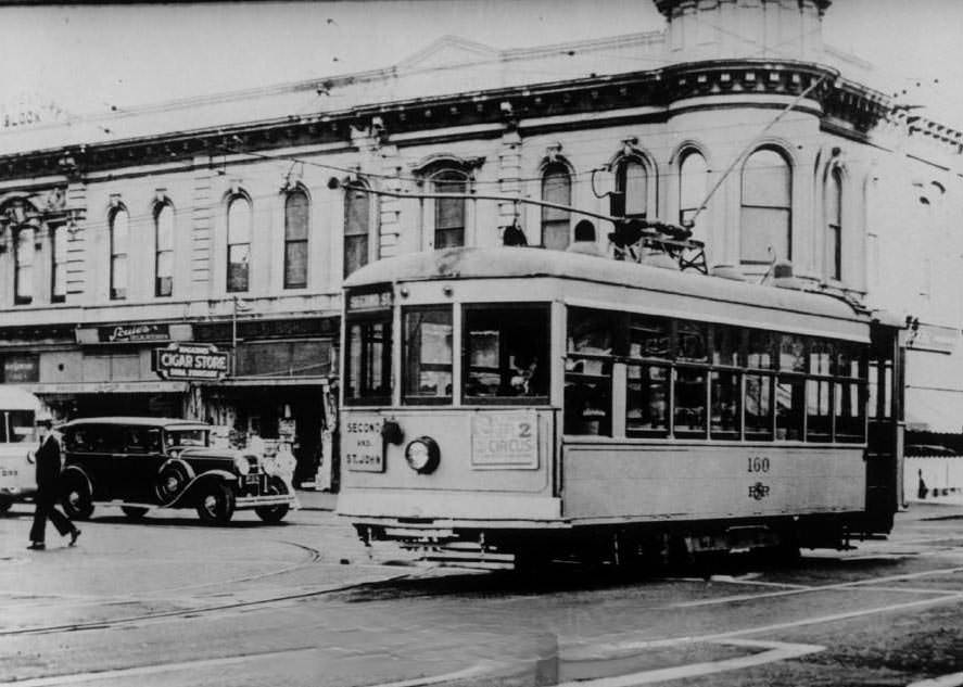 Birney Streetcar North bound on Second Street crossing Santa Clara Street, 1938