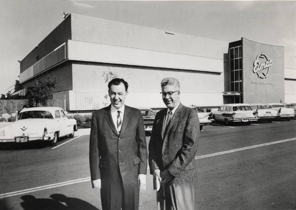 Bill Eitel and Jack Mccullough in front of their new San Carlos plant, 1959