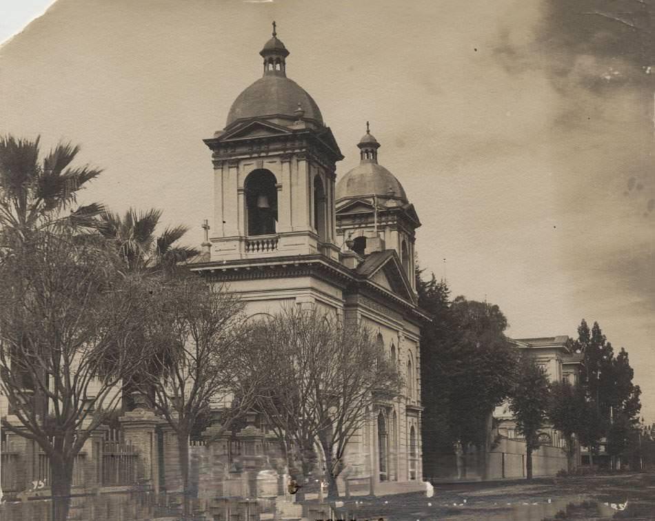 Santa Clara Mission in the old belfry, bells given by King of Spain, 1904