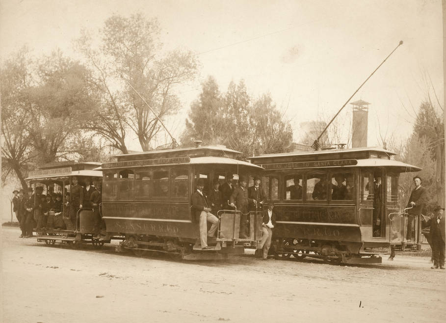 Trolleys in route on the Alameda between Santa Clara and San Jose, 1890