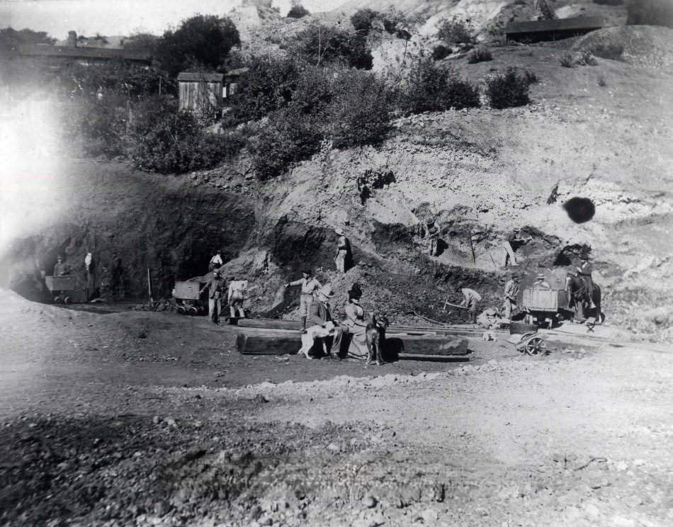 New Almaden scene. Workers excavating a hillside, 1860