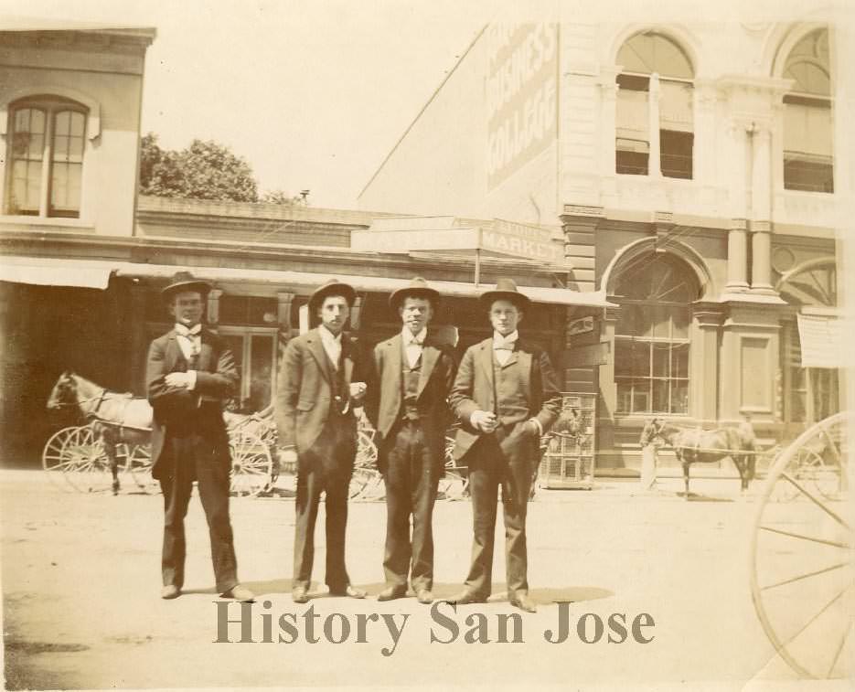 Four men in front of Leddy's Market, 1890