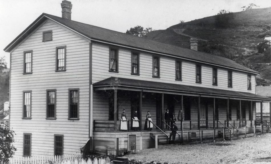 New Almaden scene. Large two-story building, 1860