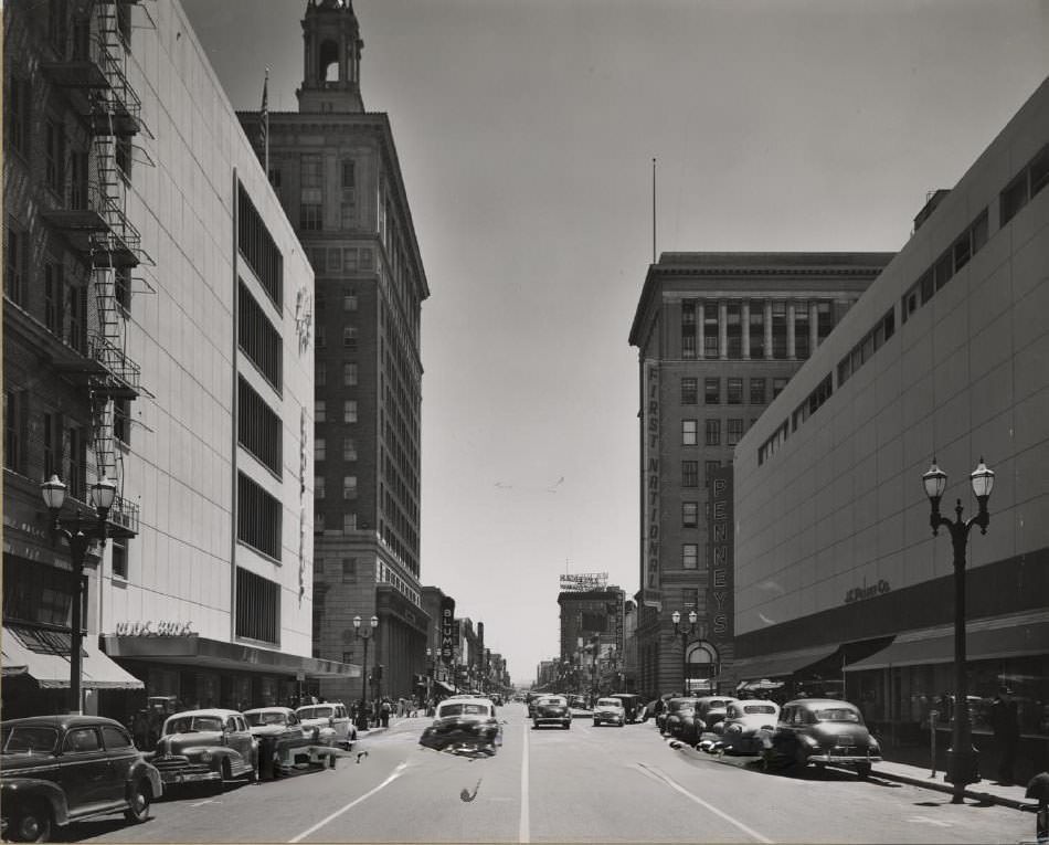 Looking south on First Street towards the Bank of America building, 1949