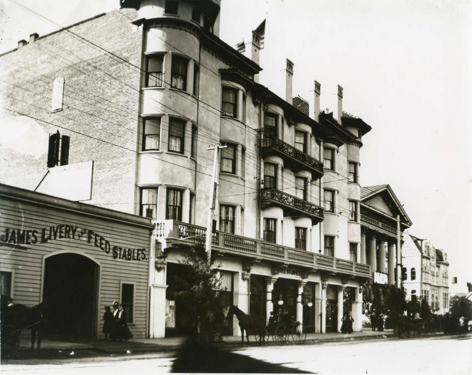 Exterior view of the St. James Hotel on First street opposite of St. James Park, 1873