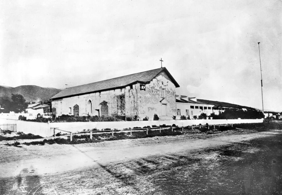 Exterior view of the Mission San Jose de Guadalupe (St. Joseph of Guadalupe), 1865