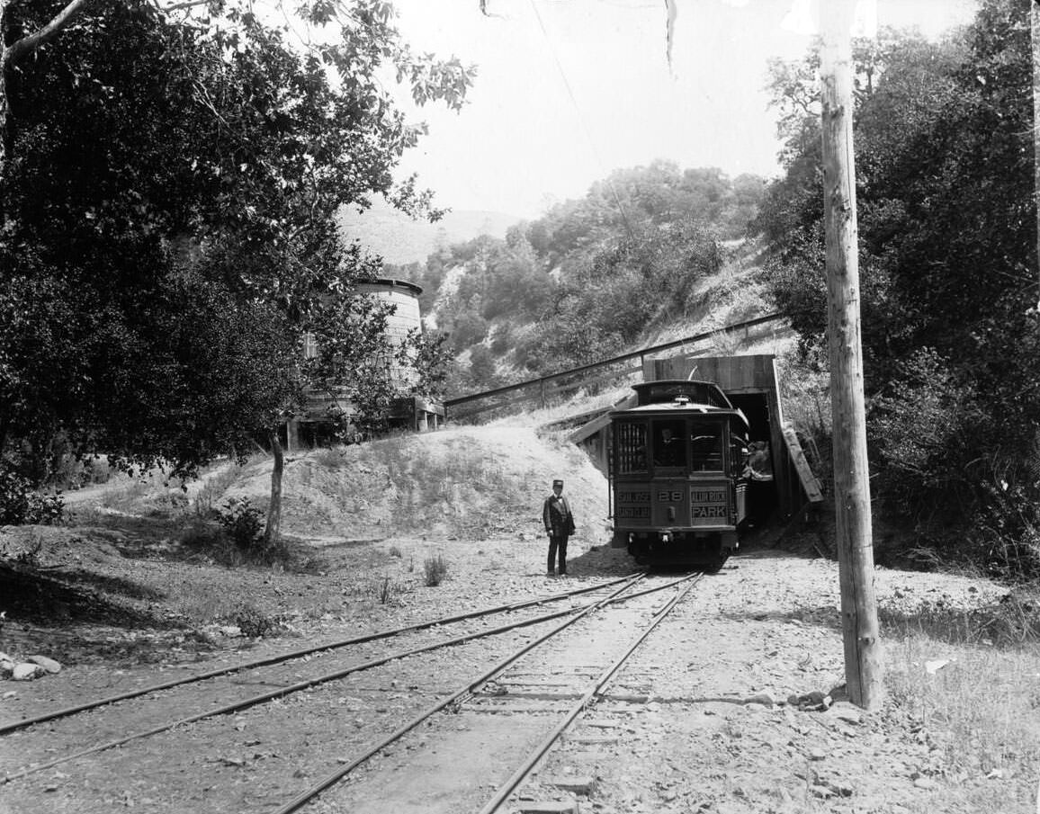 Railroad car entering the tunnel on the way to Alum Rock Park in San Jose, 1900