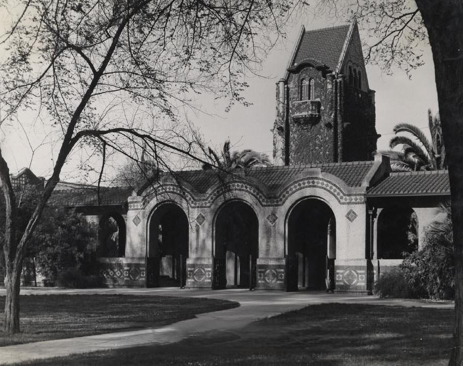 Arches in front of tower at Dwight Bentel Hall, San Jose State, 1940s