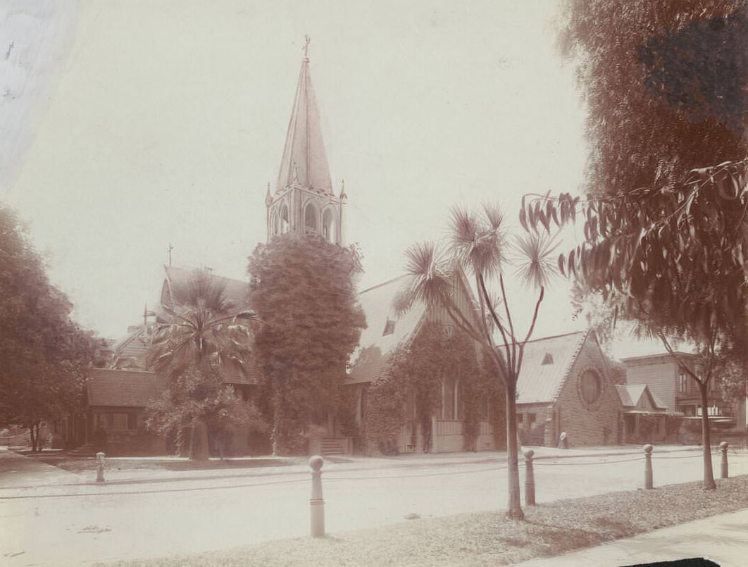 Trinity Church from a park in San Jose, 1900