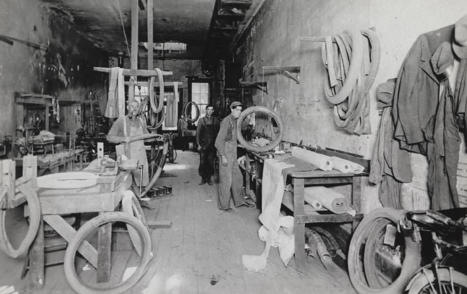 San Jose Rubber Works interior. Left to right Jack Bean, Herb Bean, Charlie Bean, 1905