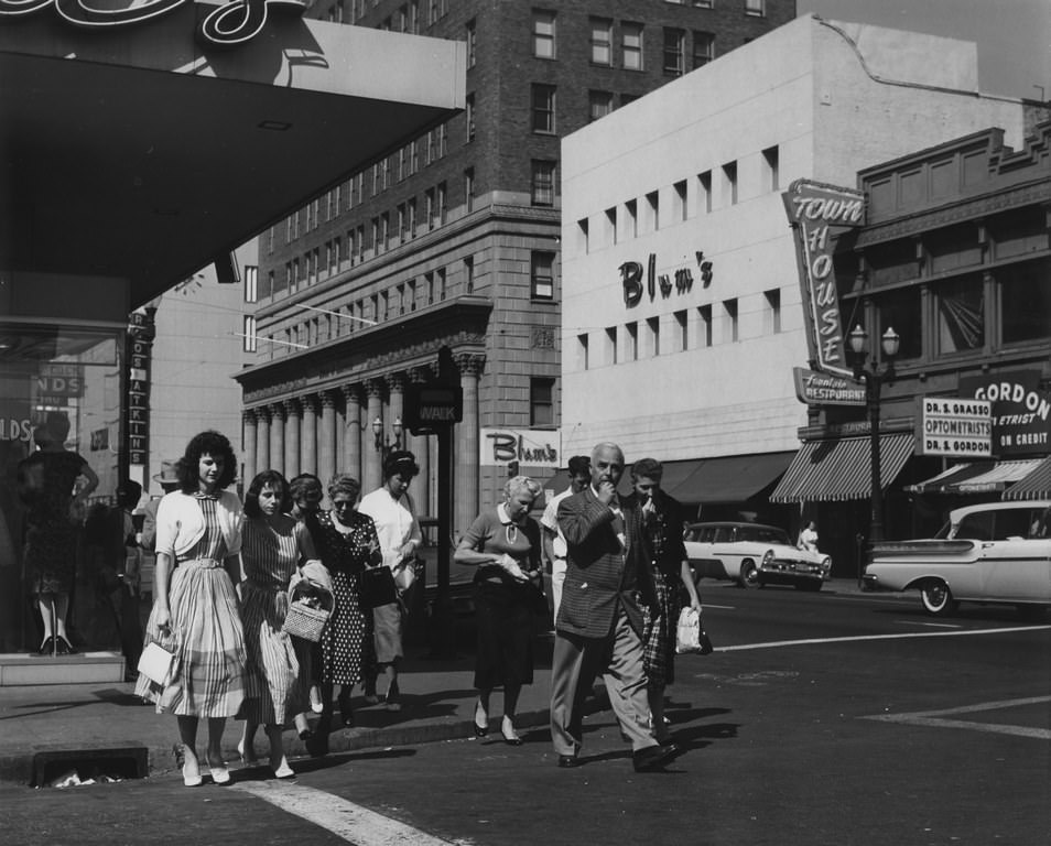Businesses along South First Street. Blum's was famous for its specialty ice creams, 1950