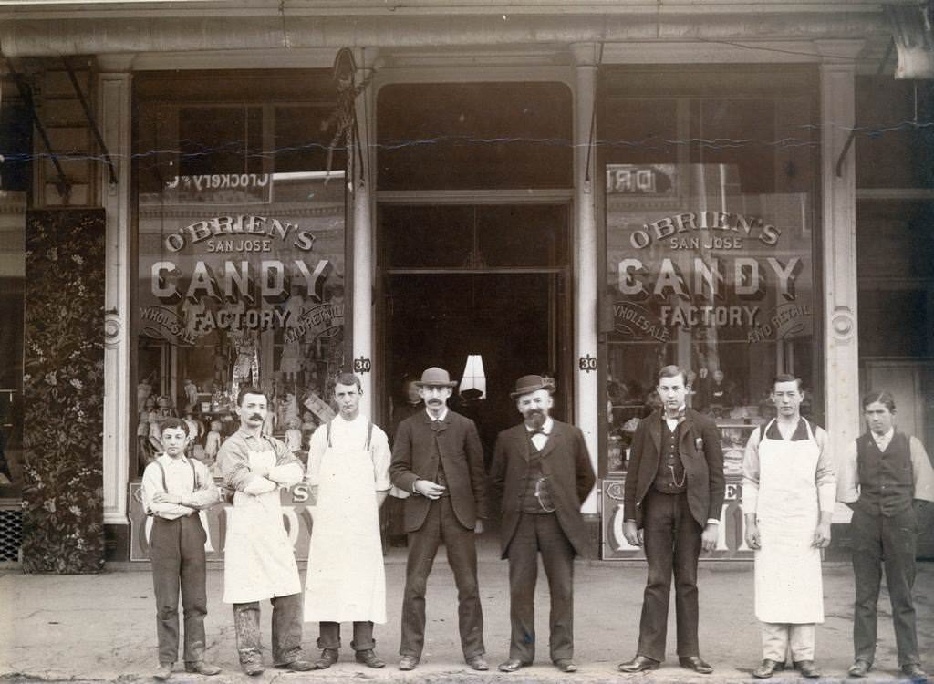 Employees of O'Brien's Candy Store posing for a group portrait, 30 South First Street, San Jose, 1910