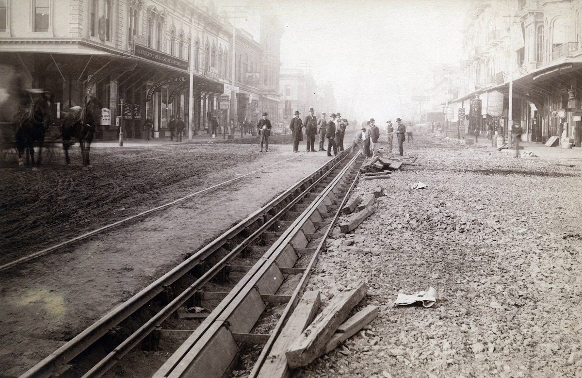 Laying the tracks for the trolleys, 1887