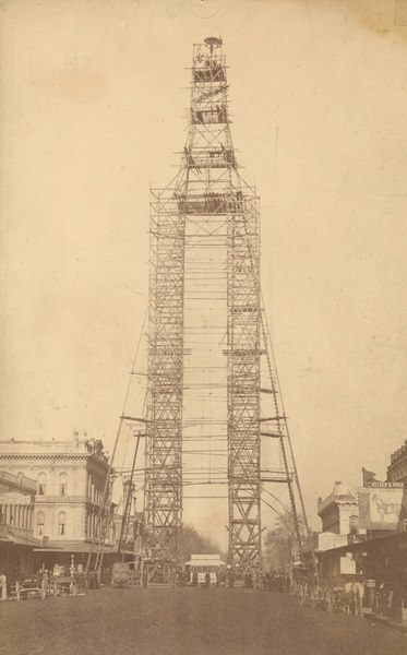 Electric light tower under construction in San Jose, 1881