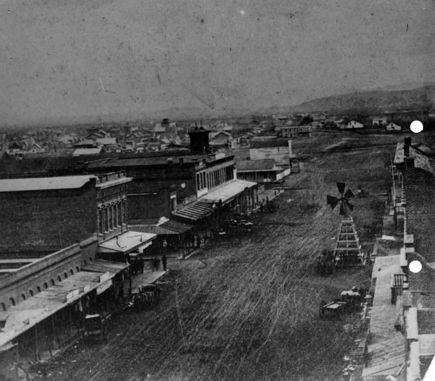 View of the Plaza and St. Joseph's Church towers, 1870