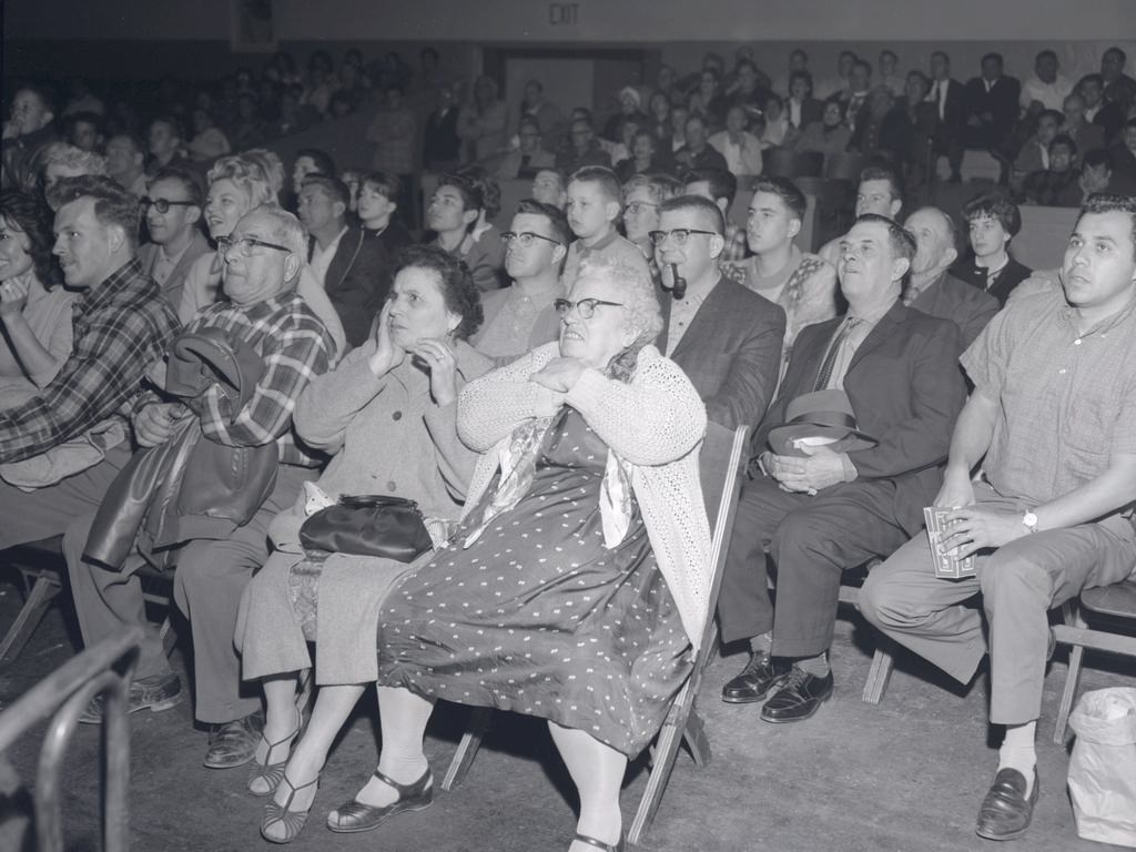 Crowd watching a wrestling match at San Jose Civic Auditorium, 1955