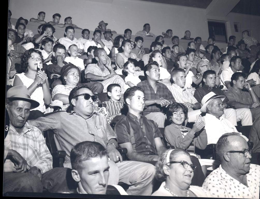Crowd watching a wrestling match at San Jose Civic Auditorium, 1955