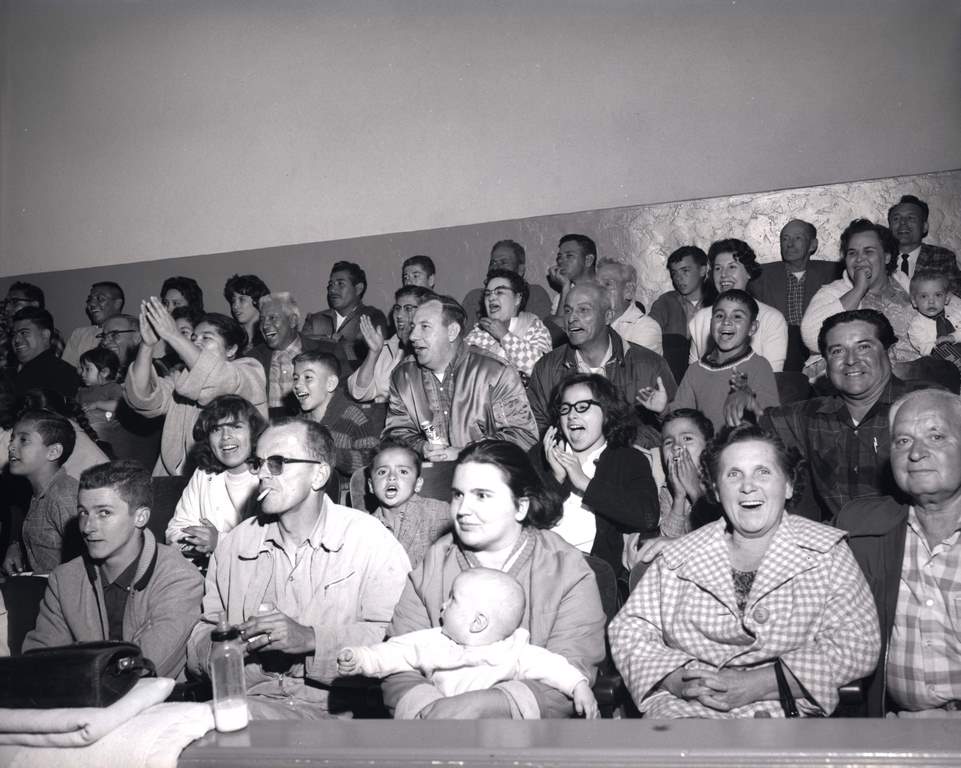 Crowd watching a wrestling match at San Jose Civic Auditorium, 1955