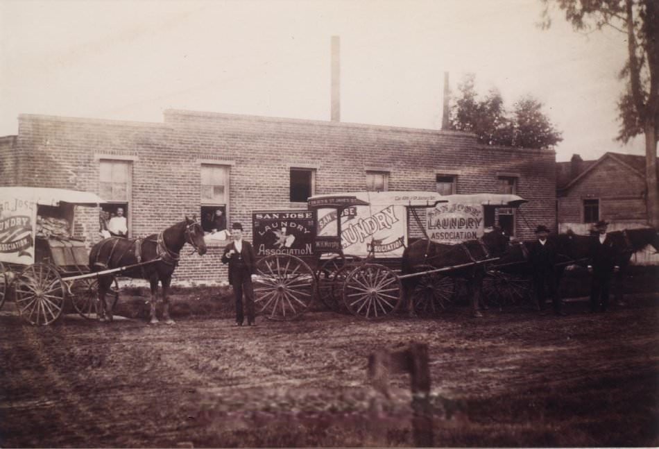 San Jose Laundry Association trucks in front of the laundry works about 1906. Corner of Tenth and Saint James Streets.