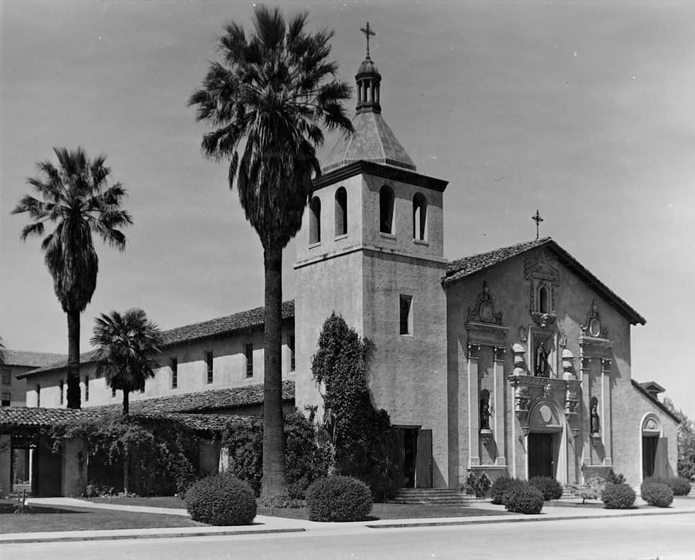 Mission Santa Clara, located just three miles from San Jose, at Santa Clara, California, 1955. (