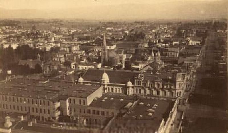 View of San Jose from electric light tower, 1881