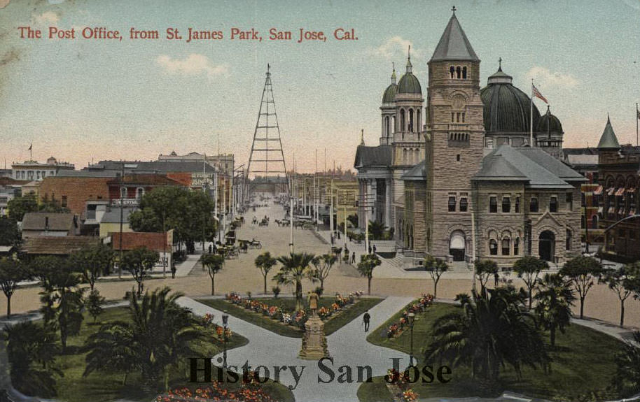 The Post Office, from St. James Park, San Jose, 1907
