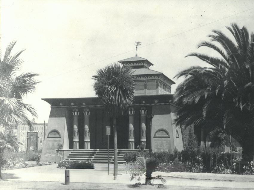 Exterior of A.D.M. Cooper's Egyptian-inspired studio, located near 21st and San Antonio Streets, San Jose, 1940