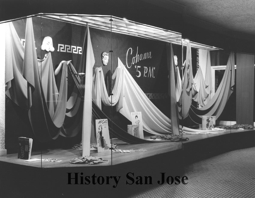 Window display featuring Cohama fabrics and McCalls patterns at Norris', 268 South First Street, San Jose, 1948