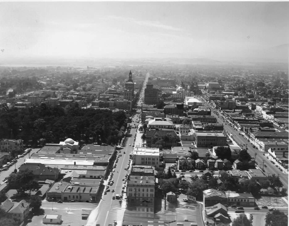 Aerial view of San Jose, looking south from First Street and Julian Street, 1940